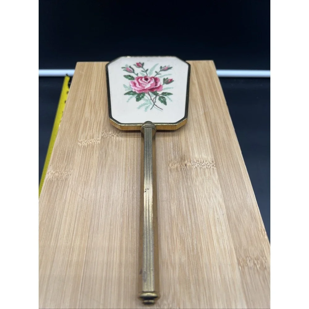 VTG Gold Tone Embroidered Pink Flowers Mirror & Hair Brush Vanity Dresser Set